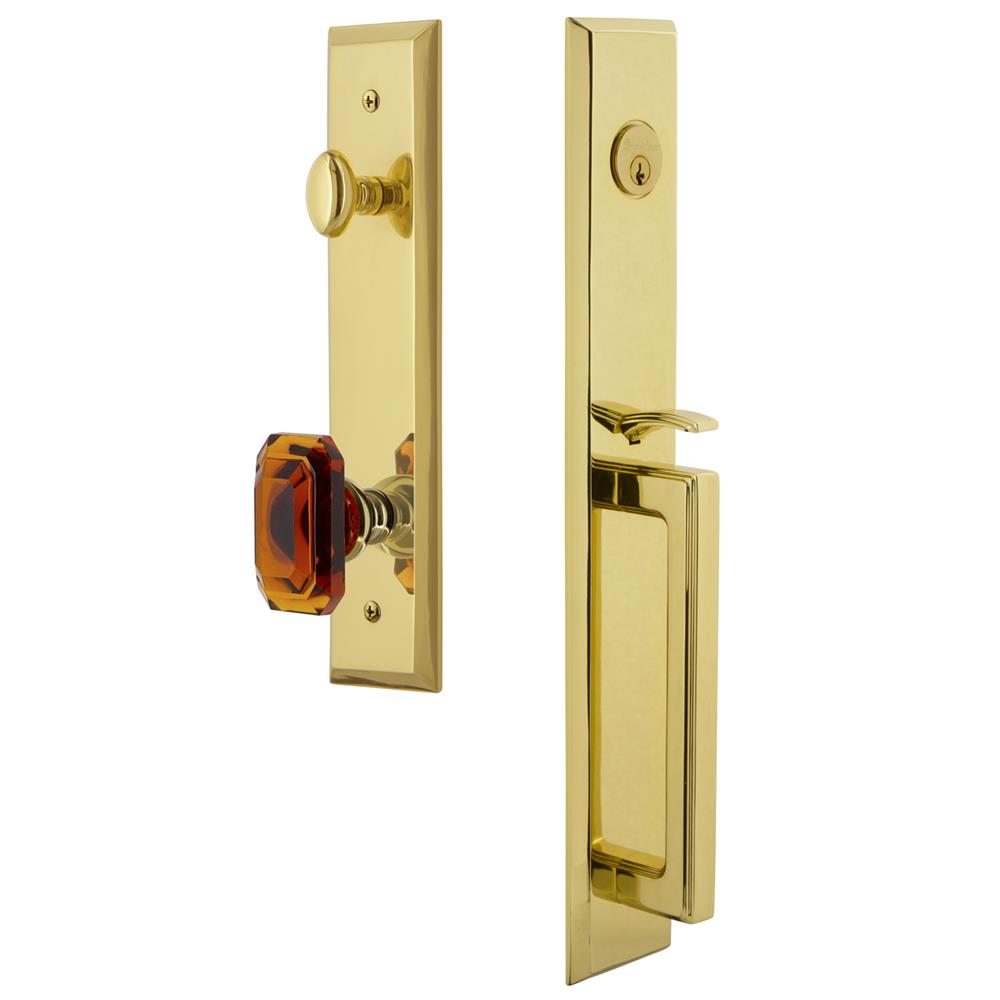 Grandeur by Nostalgic Warehouse FAVDGRBCA Fifth Avenue One-Piece Handleset with D Grip and Baguette Amber Knob in Lifetime Brass
